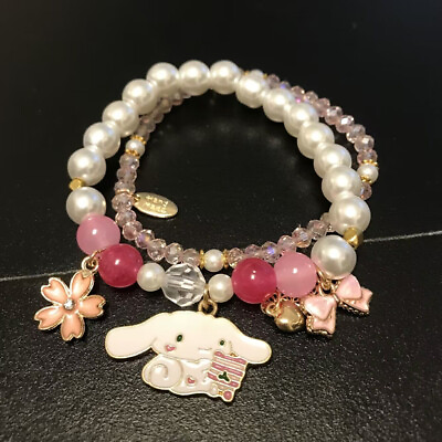 #ad Cute Girl Gift Pink Cinnamoroll Bracelet Flower Bow Crystal Beaded Enamel Charms $4.66