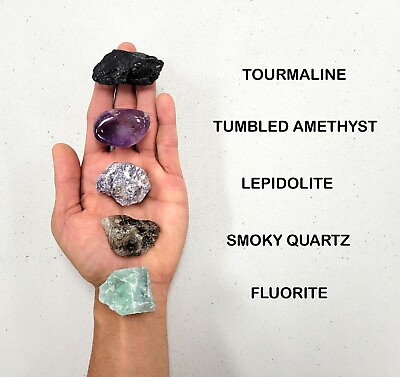 Crystal Set for Empaths Tourmaline Amethyst Lepidolite Smoky Quartz Fluorite $12.95