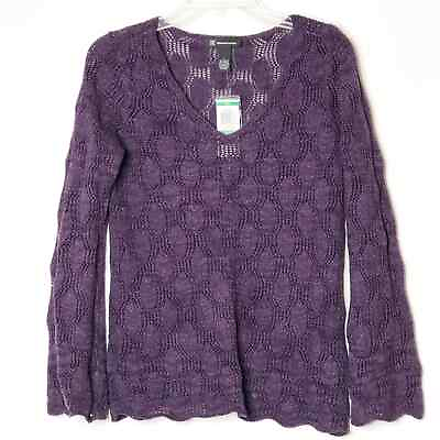 #ad INC Sweater Large Purple NEW Scalloped Hem amp; Sleeve Loose knit Sweater V Neck $30.00