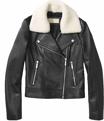 Michael Michael Women Leather Jacket Shearling Collar Kors Black Size XS XXL $249.00