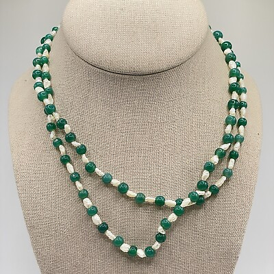 #ad Beaded Necklace White Faux Pearl Green Bead Long Costume Jewelry 32quot; $4.49