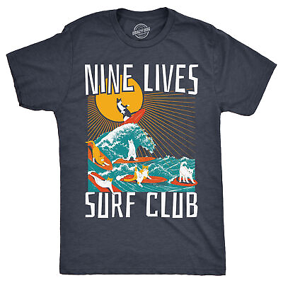 #ad Mens Nine Lives Surf Club Funny T Shirt Cat Graphic Tee For Men $9.50