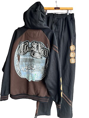 #ad TNK: JNS RARE Black Brown 2 Pc Tracksuit Zip Jacket Pants Fleece Lined Mens XL $140.25