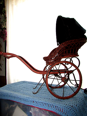 #ad CARRIAGE PRAM BUGGY wicker body metal frame ideal for doll or decoration bdrm $95.00