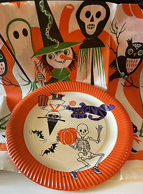 #ad Rare Vintage Halloween Witch Skeleton And Purple Black Cat Cardboard Paper Plate $7.99