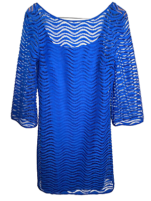 #ad Lilly Pulitzer Wavy Topanga Lace Dress Womens M Sapphire Blue 3 4 Sleeve $28.80