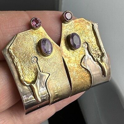 #ad Brutalist Gold Sterling Silver Amethyst Ruby Pierced Earrings $170.10