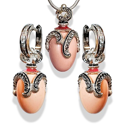 #ad #ad Pink Coral 925 Sterling Faberge Egg Jewelry Set Swarovski Crystals Enamel Hoops $280.00
