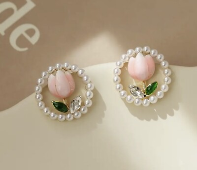#ad Tulip Earrings Pearl Flower Kate Pink Crystal CZ Enamel Stud Gold Plated Spade $23.54