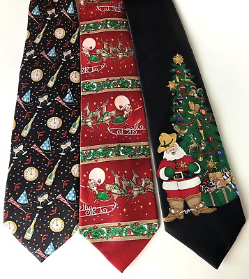 #ad Lot of 3 Christmas Novelty Ties Holiday Santa Christmas Tree Gifts Silk $12.50