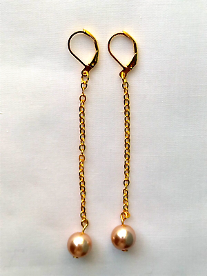 #ad Champagne Brown Bead Dangle Gold Plated Chain Leverback Huggies Hoop Earrings $6.99