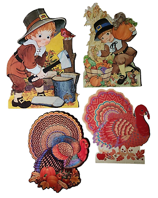 #ad 4 Vintage Hallmark Thanksgiving Die Cut Pilgrim Native American Turkey $45.00