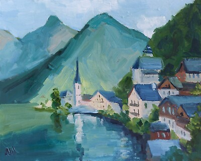 #ad Austria Painting Salzburg Original Wall Art Landscape Mountain Artwork Lake Art $70.00