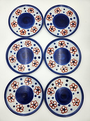 #ad Zell AmHarmersbach VTG 6 Snack Plates Pottery Linda Ceramic Blue White amp; Red $14.00