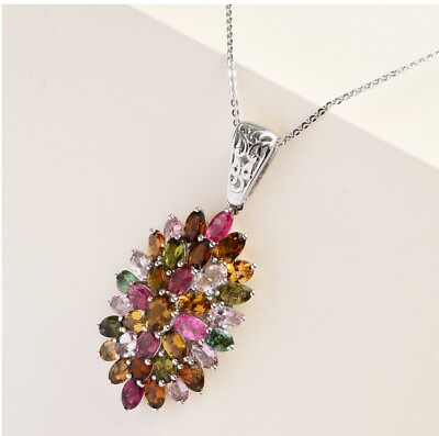 #ad Multi Tourmaline Pendant Necklace Platinum Over Sterling Silver 20 In 7.65ctw $109.00