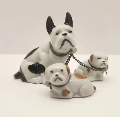 #ad Vtg Porcelain Mini French Bull Dog Mother amp; Puppies linked at collars by chain $15.30