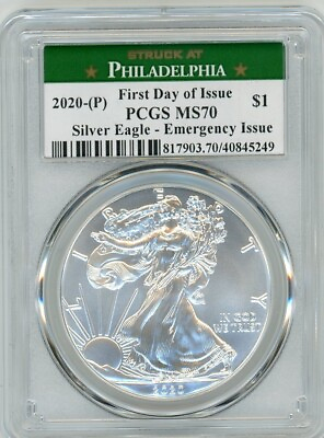 #ad 2020 P $1 Silver Eagle PCGS MS70 Emergency Issue FDOI Struck at Philadelphia $159.00