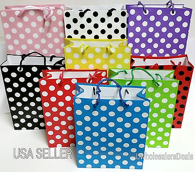 #ad #ad 2 Gift Bags Paper Polka Dots w Silk String Handle Gift Bag 9quot;H x 7quot;W x 3.25quot;D $5.99