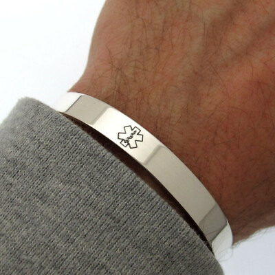 Sterling Silver Medical ID Cuff Mens Medical Alert Bracelet Personalized band $53.10