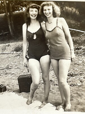 #ad L7 Photograph Two Beautiful Women One Piece Bathing Suits Beach Sexy Cute 1950s $14.96