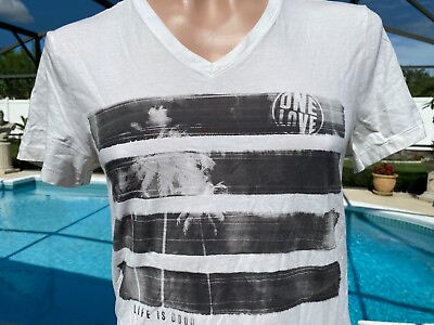#ad LIFE IS GOOD ONE LOVE White V neck T SHIRT Palm Trees Striped Mens Slim Fit S M $6.99