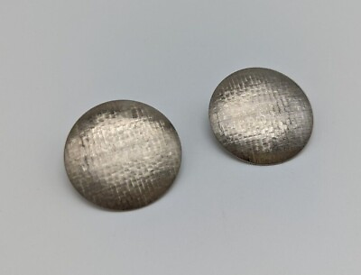 #ad Vintage Silver Tone Square Textured Round Flat Circle Clip Earrings Contempory $4.99