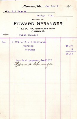 #ad Edward Spranger Milwaukee WI 1917 Billhead Electric Supplies amp; Carbons $12.74