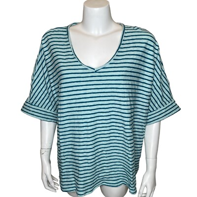 #ad Cut Loose Womens Top 1X Blue Striped Pullover V neck Linen Cotton Blend $29.99