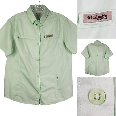 #ad Columbia PFG Womens Fishing Green Shirt Medium M Cotton Short Sleeve Button Up $24.97