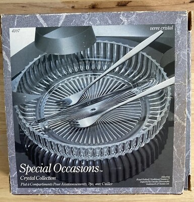 #ad Special Occasions Crystal Collection Divided Relish 7” Plate With Servers Boxed $13.00