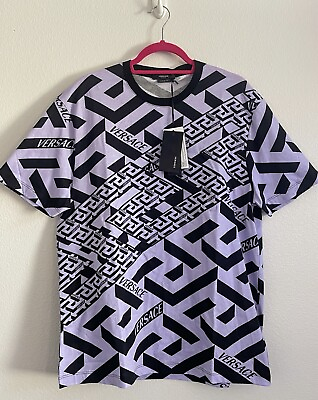 $775 Versace Men#x27;s Greca Monogram Print Cotton T shirt Size L Authentic NWT $299.00