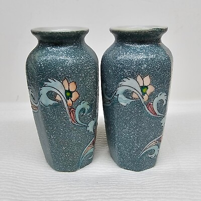 #ad Two Flower 4.5quot; Tall Vases Textured Glaze Blue Teal Turquoise Decorative $15.99