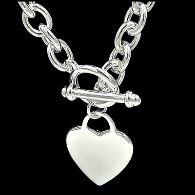 #ad Heart Tag Thick Chain Link Toggle Necklace Sterling Silver $12.56