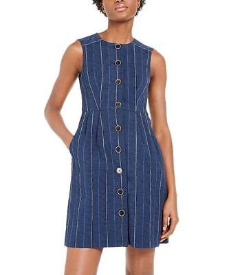 #ad Nanette Lepore Blue Stripe Sleeveless Pocket Button Up Sheath Dress Blue 0 NWOT $118.43