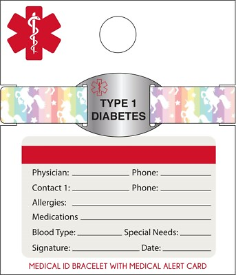 Medical ID Bracelet With Medical Alert Card Type 1 Diabetes Unicorn $9.99