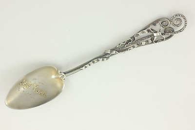 #ad Vintage New York Sterling Silver Souvenir Spoon Ornate Bow Ribbon Decoration $65.00