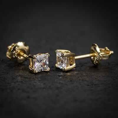 #ad Iced Gold Plated Mini Cz Princess Cut Square Sterling Silver Stud Earrings $10.99