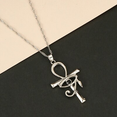 Silver Eye of Horus Ra Ankh Cross Pendant Necklace Egyptian Jewelry Chain $12.99