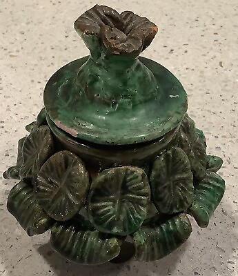 #ad Very Old Red Clay Pottery Hand Made Lidded Jar Green Leaves Footed $18.00