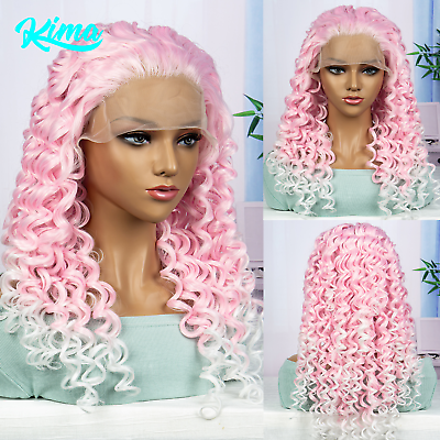 #ad 24#x27;#x27; Synthetic Pink White Ombre Wig Lace Front Daily Cosplay Wig Heat Resistant $47.08