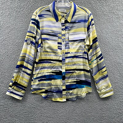 #ad Calvin Klein Womens Top Medium Yellow Blue Button Front Long Sleeve Shirt $14.99