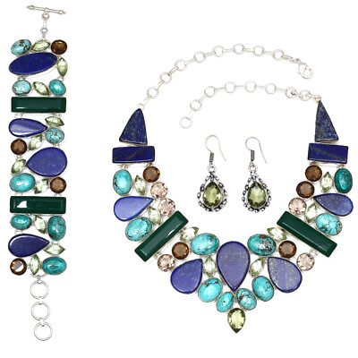 #ad Lazuli Lapis s Smoky Turquoise 925 Silver Jewelry Necklace Set 16 18#x27;#x27; $260.46