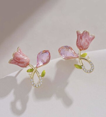 #ad Tulip Earrings Spade Flower Pink Crystal CZ Enamel Green Stud Gold Plated Kate $24.87