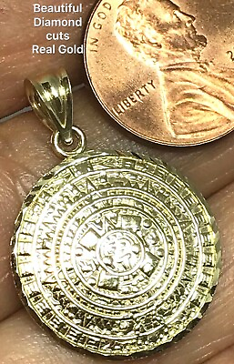 #ad GOLd Aztec pendant Azteca 10k Calendar SOLID charm necklace DIAMOND CUT 1.15quot; $169.00