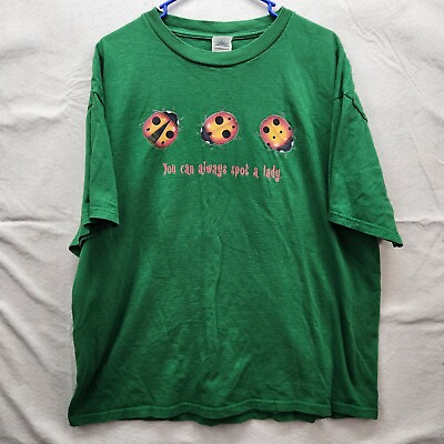 #ad Vintage DELTA PRO WEIGHT T Shirt XL Green Crew Neck Ladybug lady Retro Top $9.99