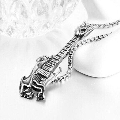 #ad Mens Rock N Roll Guitar amp; I Love You Gesture Necklace Pendant Stainless Steel $10.00