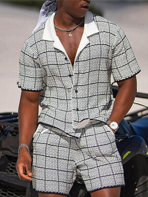 #ad Men#x27;s Casual Suit Short Sleeve Shirt 2 Pieces Beach Suit T Shirts and Shorts Set $32.18