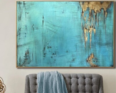 #ad 40x60quot; Abstract Blue Oil Painting Original Gold Leaf Artwork Rust Style Art ACE $594.00