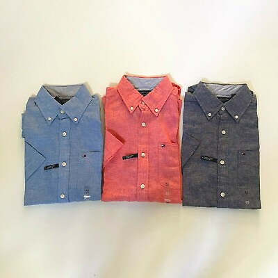 NWT Tommy Hilfiger Men#x27;s Classic Solid Cotton Linen Short Sleeve Causal Shirt $29.98