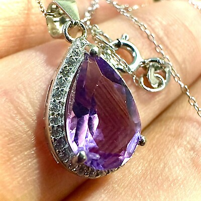 #ad 925 Sterling Silver Purple Amethyst Pendant Necklace Pear Cut 18quot; Created $17.97